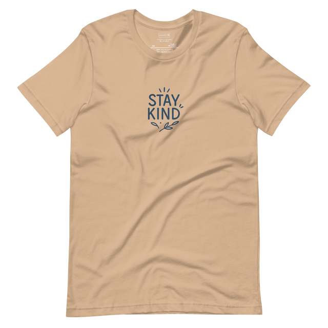 Beige t-shirt with "Stay Kind" printed on it