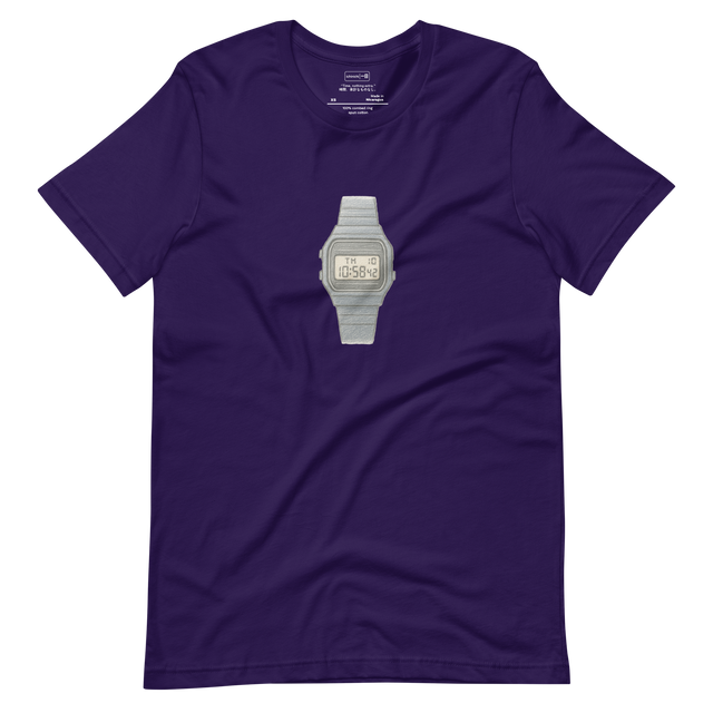 Minimalist T-Shirt design featuring an old-school digital wristwatch with time, date, and day displayed.