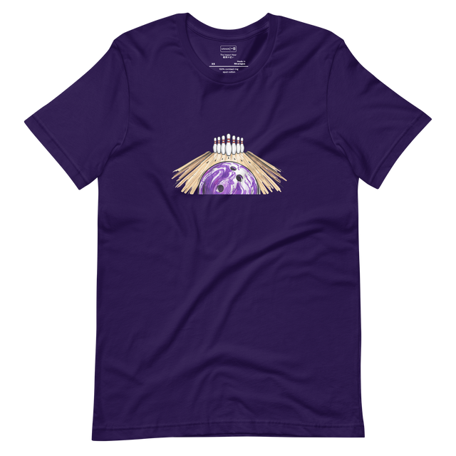 Immersive marker illustration from the perspective of a purple marbled bowling ball on a Short Sleeve T-Shirt.
