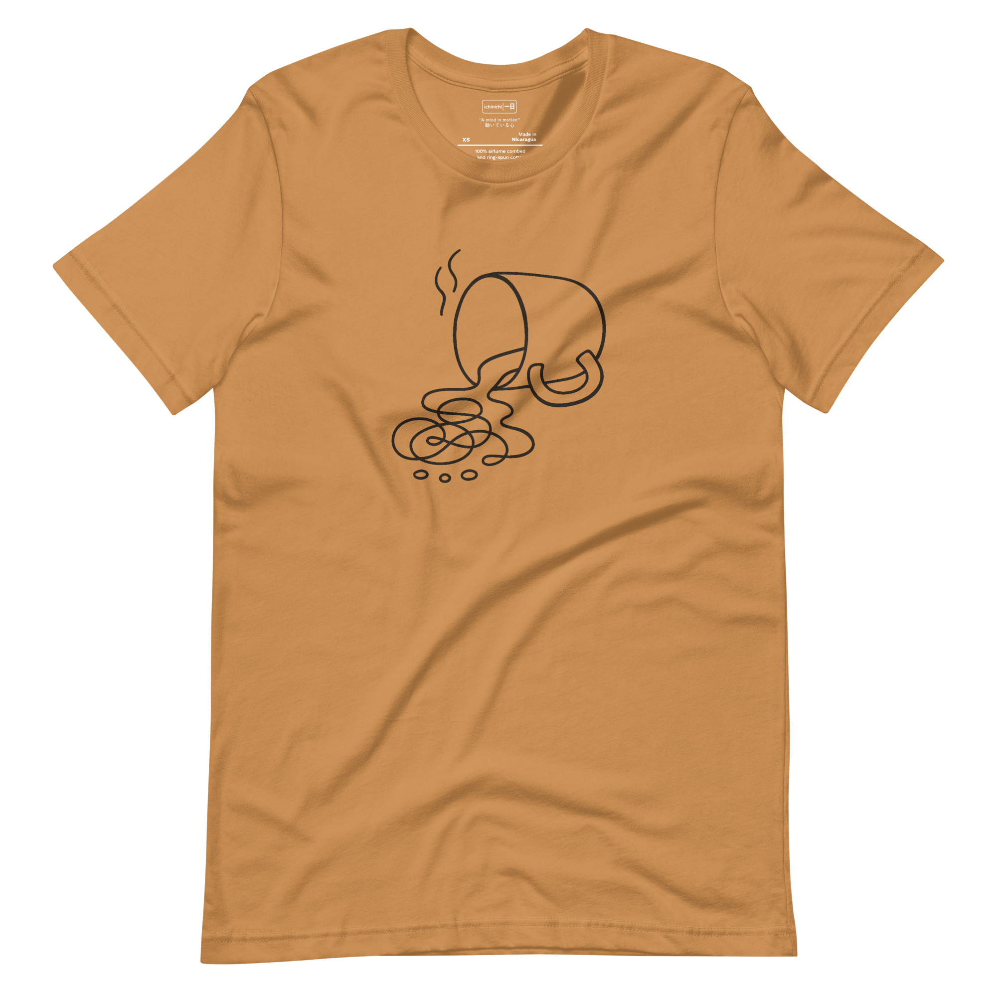 Line art of a spilled coffee cup with abstract splash on a soft cream shirt