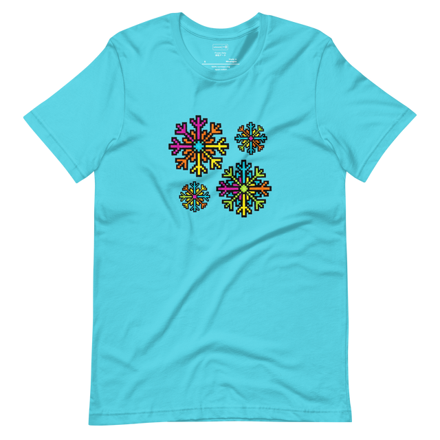 Graphic T-Shirt featuring a colorful 8-bit pixel art snowflake design inspired by retro arcade games.