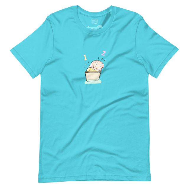 Minimalist line art illustration of a double scoop ice cream bowl on a Short Sleeve T-Shirt.