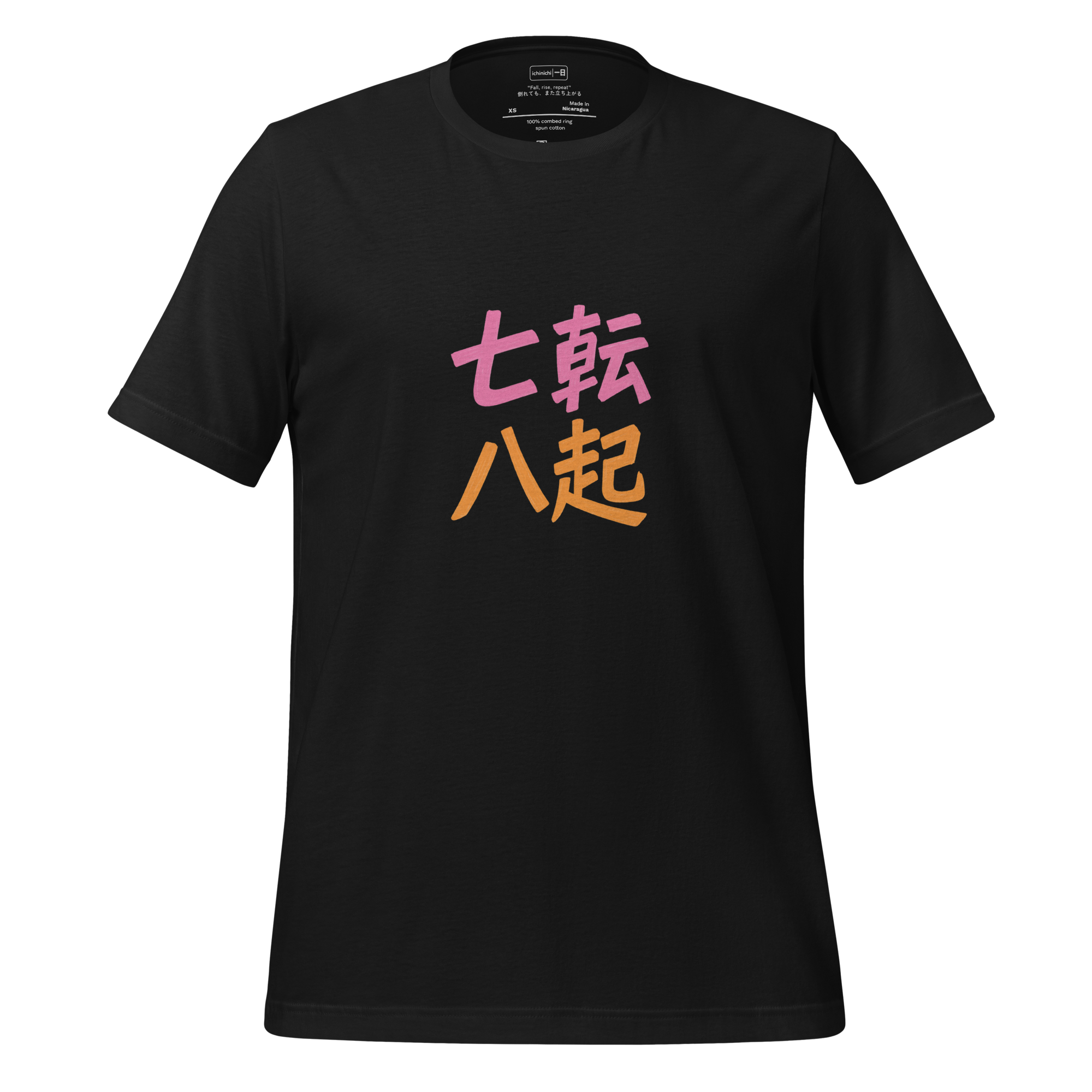Kanji for 七転び八起き (“fall seven, rise eight”) drawn in minimal, resilient strokes.