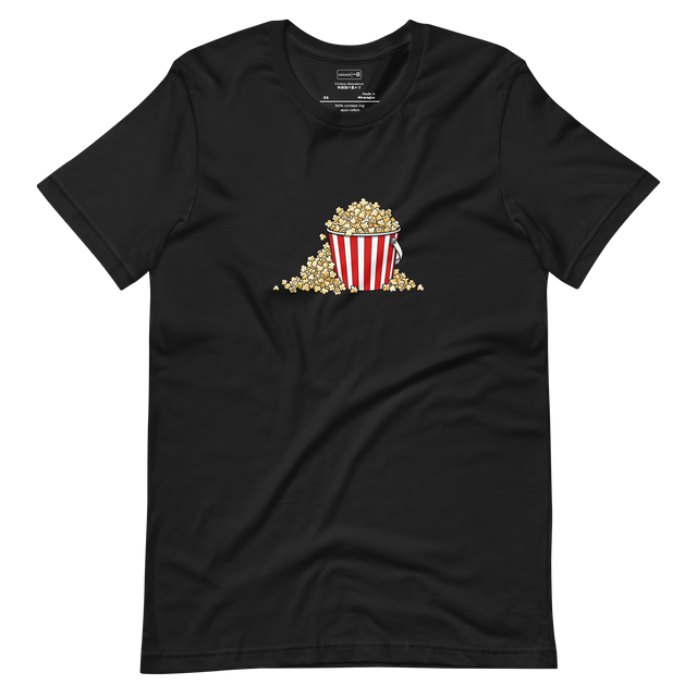 Minimalist illustration of an overflowing movie popcorn bucket on a Short Sleeve T-Shirt.