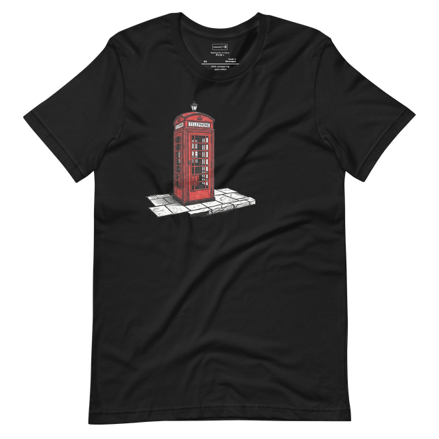Old British telephone booth linocut graphic on a minimal sidewalk Short Sleeve T-Shirt