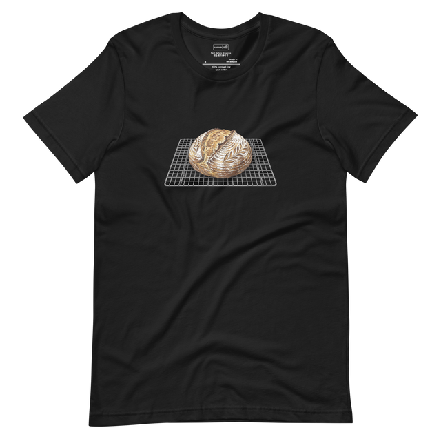 Short Sleeve T-Shirt featuring a colored pencil illustration of a sourdough loaf on a wire cooling rack.