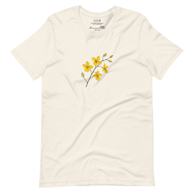 Minimalist drawing of a yellow oncidium orchid branch with some blossoms open and some still buds, calm floral T-Shirt design.