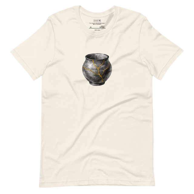 Minimalist illustration of pottery cracks repaired with gold lines inspired by Kintsugi, elegant Japanese T-Shirt design.