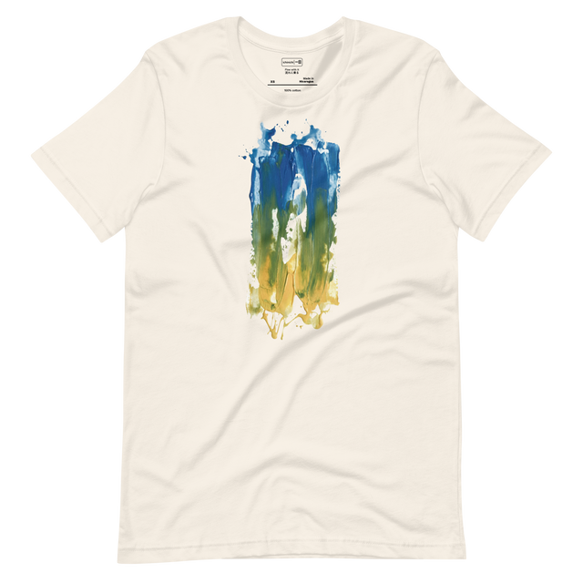 Thick horizontal paint streak design blending blue, green, and yellow on a unisex T-Shirt.