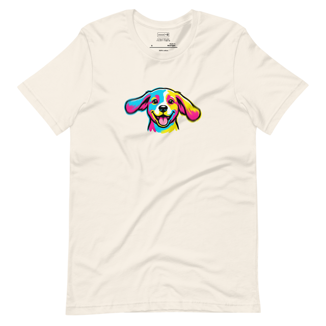 Graphic Pop Art style T-Shirt featuring a silly happy puppy face in bold colors.