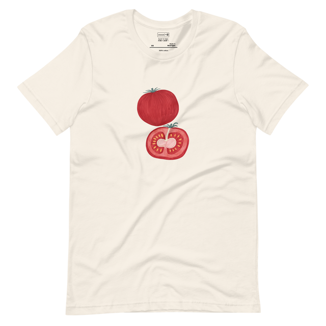 Descriptive graphic of a whole and sliced tomato in colored marker on a minimalist Short Sleeve T-Shirt.