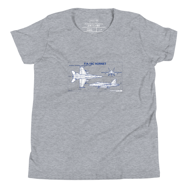White line architects blue print schematic of an F/A-18 fighter jet on a Youth T-Shirt.
