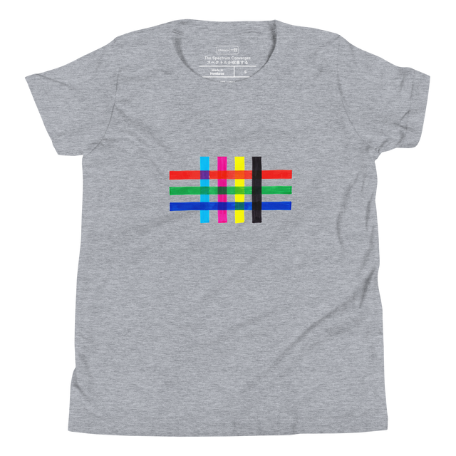 Minimalist youth t-shirt featuring intersecting CMYK and RGB stripes with halftone blending patterns.