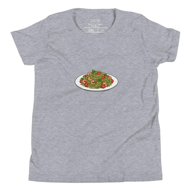 A grey Youth T-Shirt featuring a clean paint brush illustration of vibrant pesto linguini with shrimp on a crisp plate.