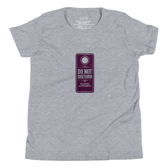 Youth T-Shirt featuring a deep purple minimalist hotel door hanger with silver stark typography and a clean die-cut hole.