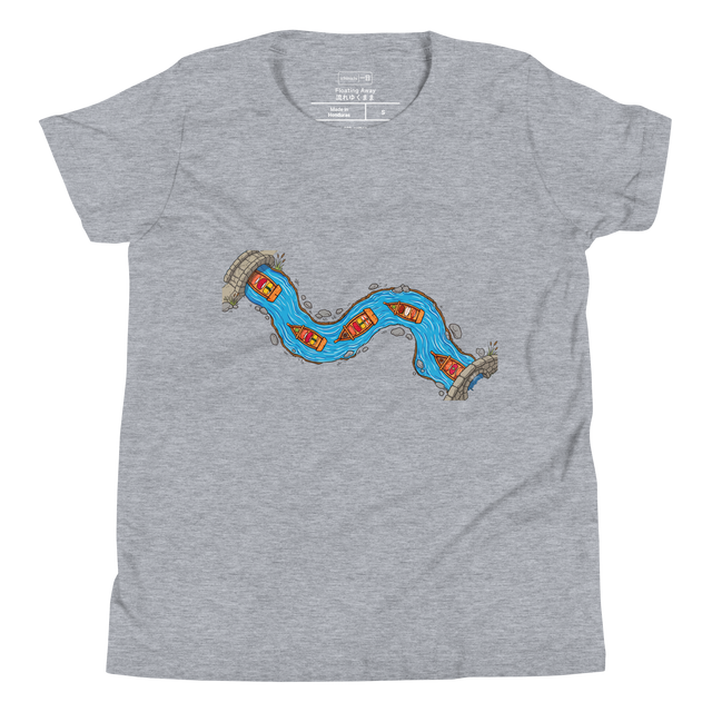 Colorful birds-eye view marker illustration of little sushi boats in a river on a youth short sleeve t-shirt.