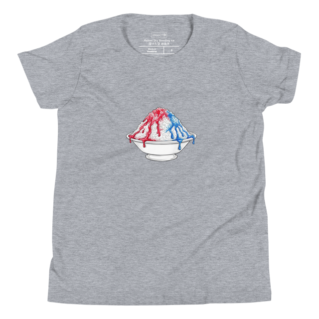 Delicate Kakigori shaved ice graphic in color pencils with dripping blue and red syrup on a white youth short sleeve t-shirt.