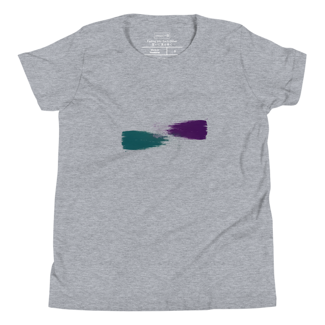 Wide deep teal and deep purple dry brush strokes fading on a minimalist Youth T-Shirt.