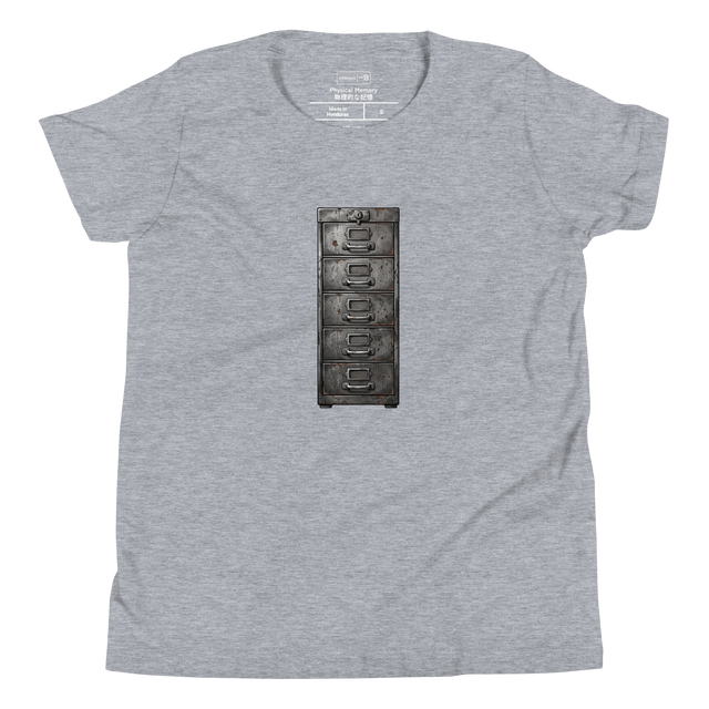 Cross-hatch ink illustration of a rusted vintage metal filing cabinet printed on a minimalist Youth T-Shirt.