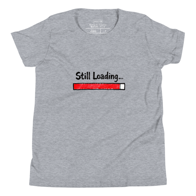 Ninety-Nine Percent graphic youth t-shirt with hand drawn 99 percent progress bar and text stuck loading.