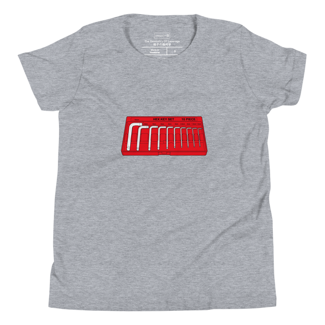 Youth T-Shirt showing a fine line illustration of graduated hex keys in a red holder.