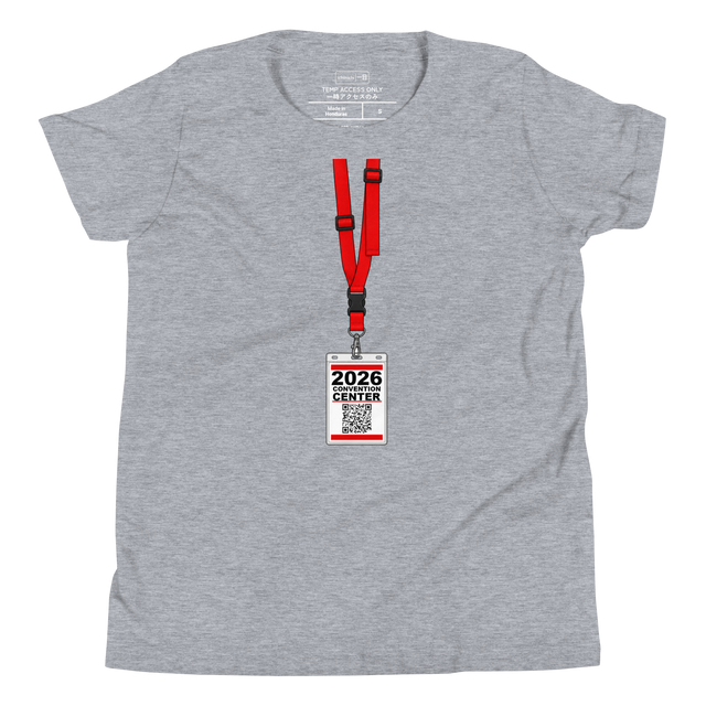 Marker illustration of a red lanyard and convention badge printed on a Youth Short Sleeve T-Shirt.