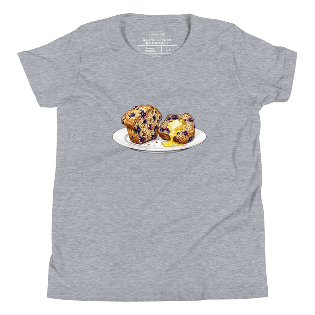 Youth T-Shirt displaying a colored pencil drawing of a halved blueberry muffin with melting butter.