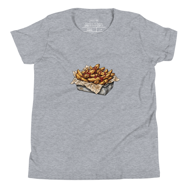 Youth T-Shirt featuring a cross-hatch ink illustration of thick steak fries with ketchup in a metal tin.