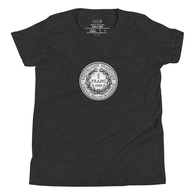 Detailed cross-hatch ink illustration of a vintage French Franc coin reverse side on a Youth T-Shirt.