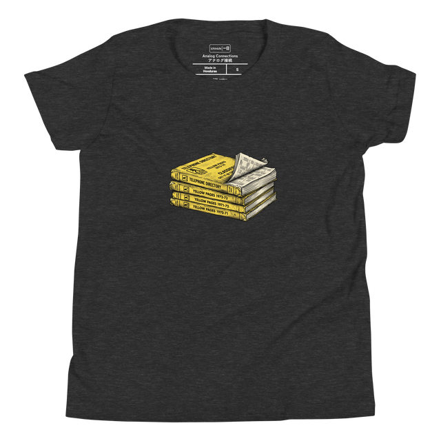 Minimalist yellow pages stack graphic on a Youth T-Shirt.