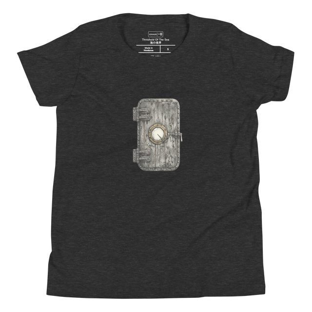 Detailed stippling illustration of a rusted ship port door with a round window on a Youth T-Shirt.