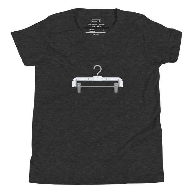A minimalist simple line drawing of a plastic pants hanger with metal clips on a Youth T-Shirt.