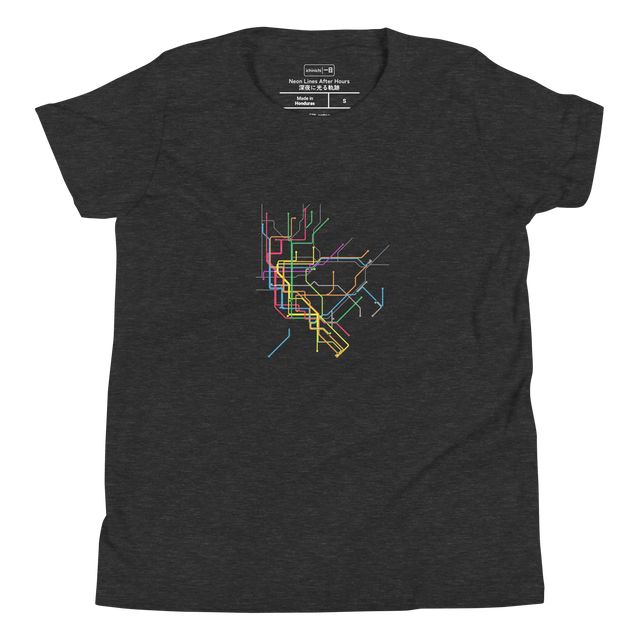 Youth T-Shirt featuring a bold neon marker illustration of the late-night NYC subway map spanning all boroughs with circular stops.