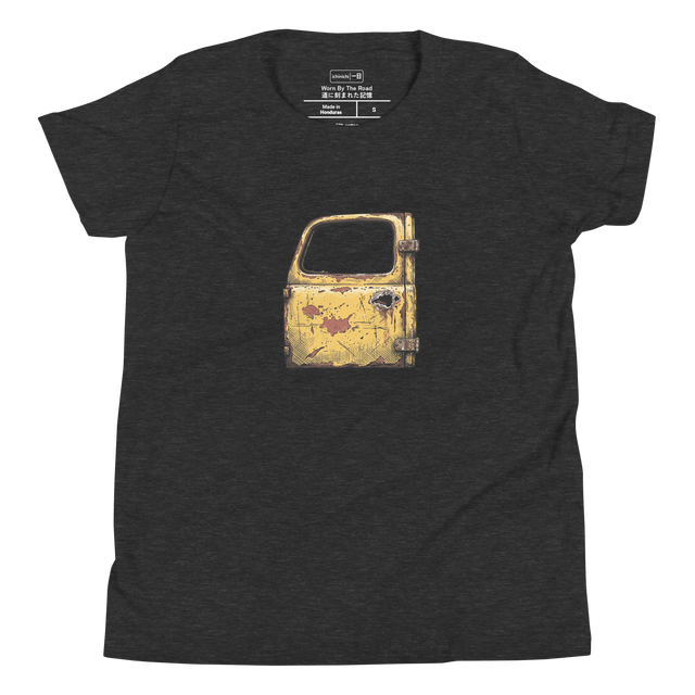 Detailed ink drawing of a rusted 1940s yellow truck door missing its handle on a youth t-shirt.