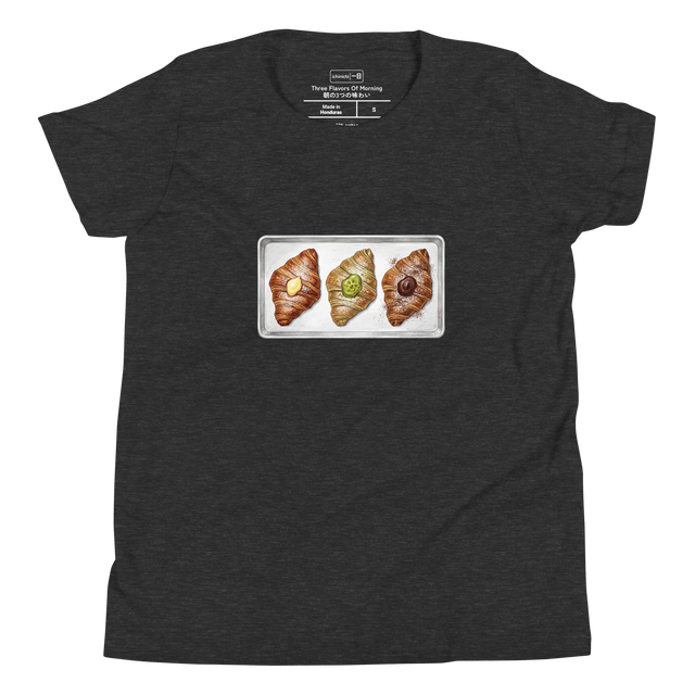 Hand-drawn color pencil illustration of three filled croissants with varied fillings on a metal tray printed on a Youth T-Shirt.