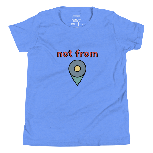 Minimalist youth t-shirt featuring a marker illustration of a digital map pin and red not from typography.