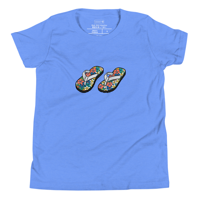A minimalist brush pen illustration of a floral flip flop printed on a Youth T-Shirt.