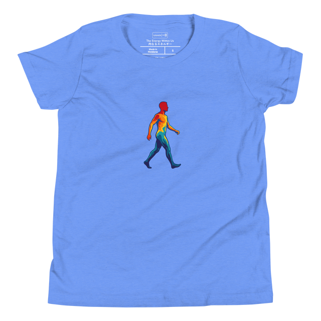 Youth T-Shirt displaying a vibrant thermal scan silhouette mapped in clean paint brush lines of red, yellow, and deep blue.