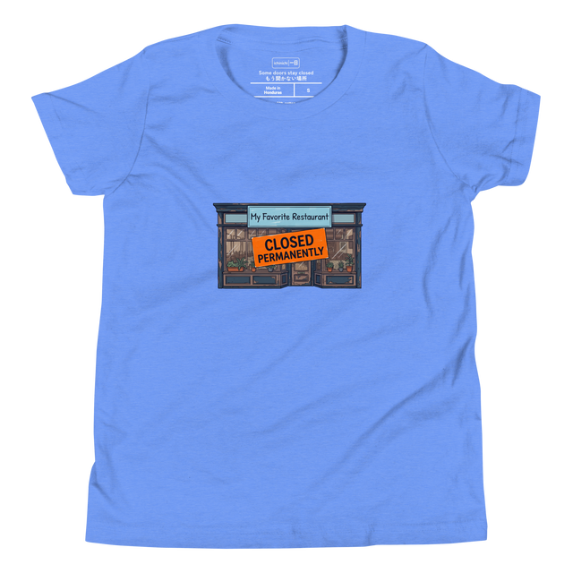 Youth T-Shirt featuring a graphic marker drawing of a closed neighborhood restaurant obscured by an orange sign.