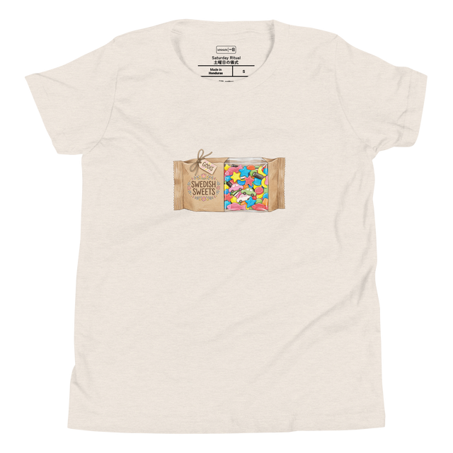 Hand-drawn color pencil illustration of a Swedish candy bag tagged Godis showing colorful candy on a Youth T-Shirt.