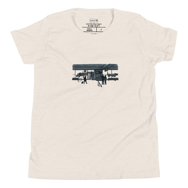 Two distant silhouettes at a departure gate drawn in cross-hatch ink on a Youth T-Shirt.