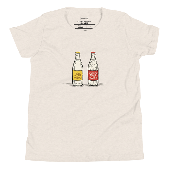 Clean paint brush illustration of still and sparkling water bottles on a café table, youth t-shirt.