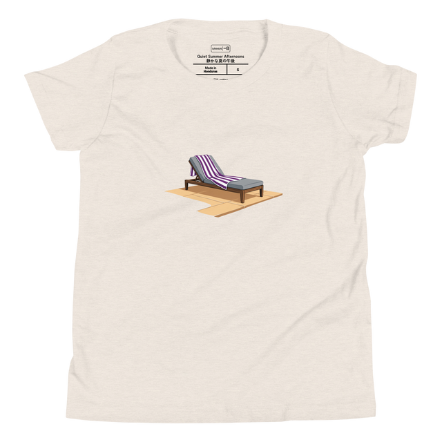A youth t-shirt featuring a painted graphic of a lounge chair with a striped towel next to a pool.
