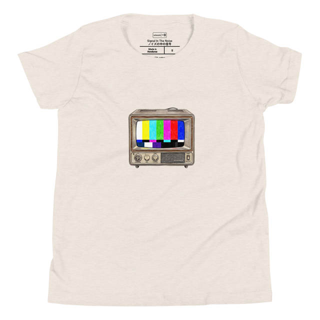 Youth T-Shirt featuring a vintage television set displaying a classic color bar test pattern rendered in colored pencil.