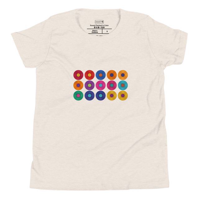 Fifteen colorful vinyl records with contrasting center labels in a 5x3 grid painted with brush strokes on a Youth T-Shirt.