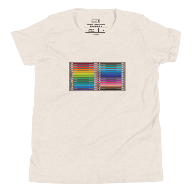 Youth T-Shirt featuring a fine-line illustration of 24 sharp, unused colored pencils lying horizontally in their individual box sections.