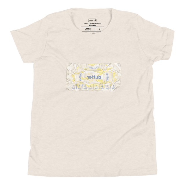 Youth T-Shirt showing a detailed colored pencil illustration of a translucent butter wrapper with yellow smears and reversed blue lettering.