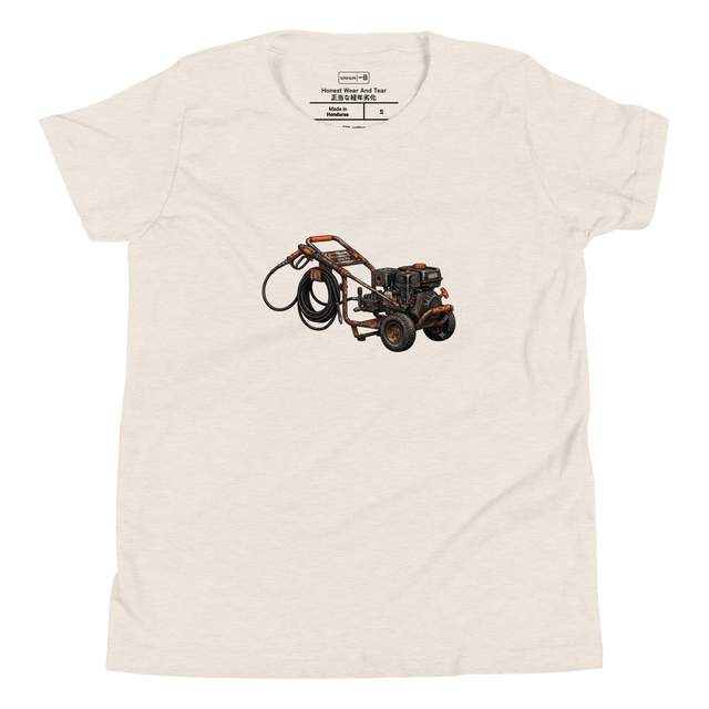 Cross-hatch ink drawing of a worn pressure washer with rust and orange details printed on a Youth T-Shirt.