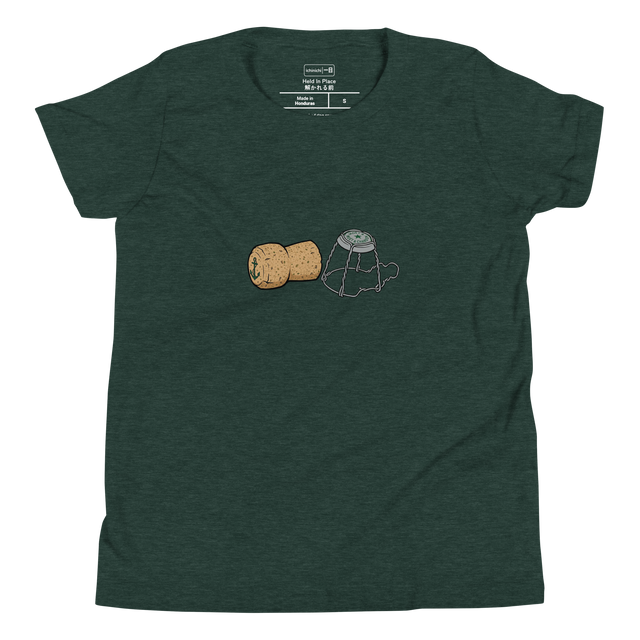 Bold marker illustration of a cork and wire muselet on a Youth T-Shirt.