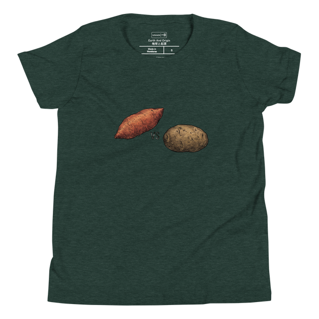 Youth T-Shirt featuring a high-contrast cross-hatch illustration of sweet and Idaho potatoes.